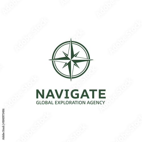 Navigate Global Exploration Agency Logo Design, Classic Compass Rose Symbol in a Circle, Green Minimalist Directional Emblem.