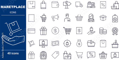 40 Line Style Marketplace Icons E commerce Platform, Seller Dashboard and Transaction Symbols