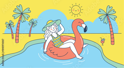 A minimalist, flat illustration in a bright, cheerful, and slightly whimsical style, featuring a Cheerful woman on summer vacation