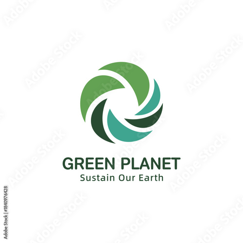 Green Planet Sustain Our Earth Logo Design, Circular Segmented Leaf Swirl Icon, Abstract Environmental and Ecology Emblem.