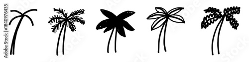 Set palm tree handdrawn vector for tropical themes and artistic vacation concepts. Symbolizes beach, sun, and simple, sketched travel art. Ideal for resort branding or cards.