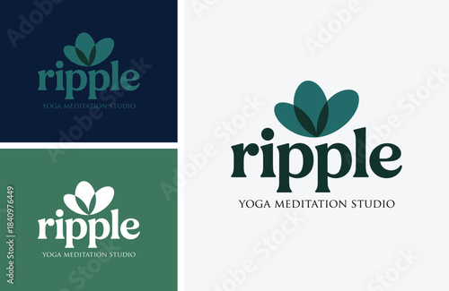 Elegant stylized yoga meditation studio brand logo design concept presented in three calming color p