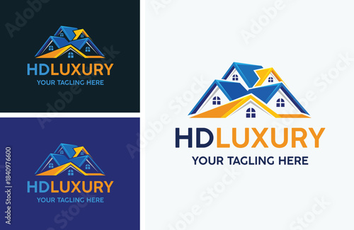Modern abstract real estate logo design featuring multiple luxurious house roofs representing