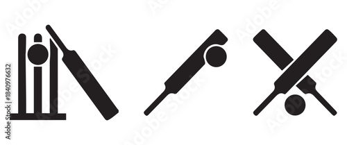 Cricket Bat and Ball Crossed Icon Set – Outline and Silhouette Sports Equipment Vector Collection