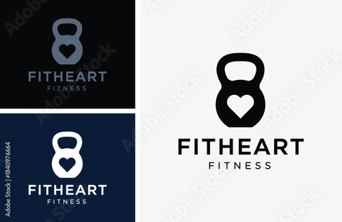 Modern fitness and wellness logo featuring a stylized kettlebell with a heart symbol integrated