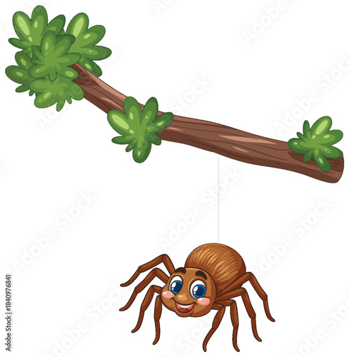 Smiling Cartoon Spider Hanging from Tree Branch