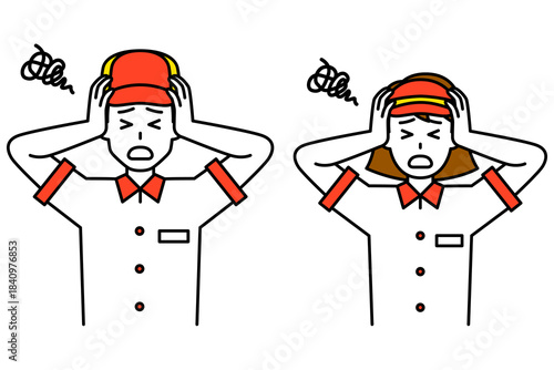 頭を抱えて悩むファストフード店の男女の店員　セット