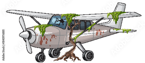 Abandoned Airplane Overgrown With Moss and Tree Roots