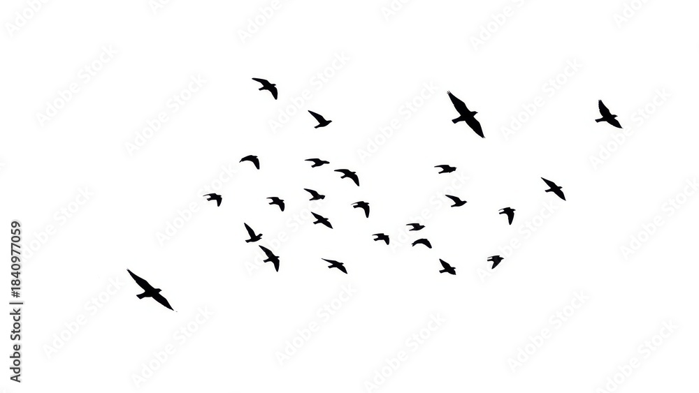 Obraz premium A large flock of black birds flying together in formation isolated on white background