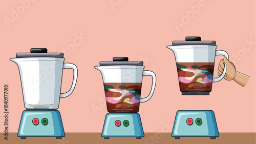 Hand Lifting Blender with Colorful Ingredients on Counter