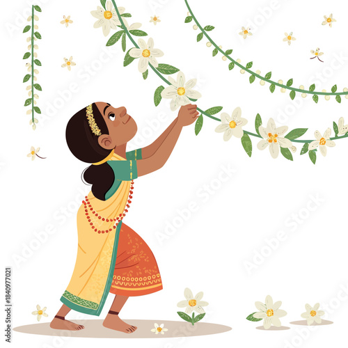 Young Indian girl threading jasmine flowers for a garland