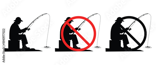 No Fishing Ban Symbol Vector – Silhouette Fish and Hook Prohibition Icon (PNG Transparent Ready)