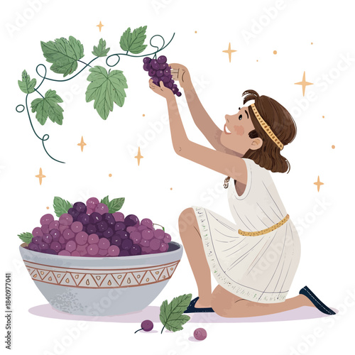 Young Greek girl picking grapes into a bowl