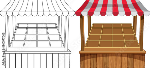 Empty Wooden Market Stall with Striped Canopy Front View