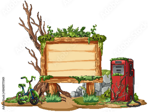 Abandoned Gas Station Sign with Overgrown Vegetation