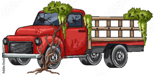 Abandoned Red Pickup Truck Overgrown With Vegetation