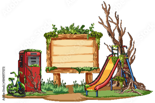 Overgrown Playground With Abandoned Slide and Rusty Vending Machine