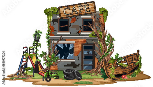 Abandoned Cafe Overgrown With Vines and Playground Debris