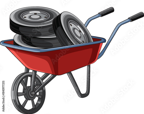 Red Wheelbarrow Carrying Stacked Car Tires Illustration