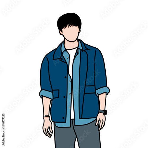 Vector illustration of a handsome man wearing a blue shirt standing alone. The painting was inspired by a scene from a popular Korean drama.