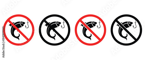 No Fishing Ban Symbol Vector – Silhouette Fish and Hook Prohibition Icon (PNG Transparent Ready)