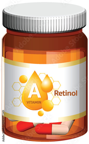 Vitamin A Retinol Supplement Bottle with Capsules