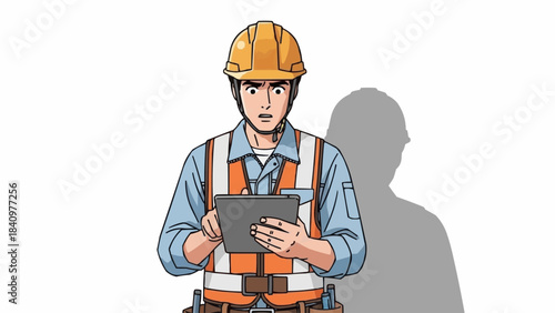 Construction Worker in Hard Hat and Safety Vest Holding Tablet.