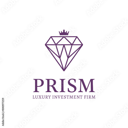 Prism Luxury Investment Firm Logo Design, Minimalist Diamond Line Art Icon with Crown, Financial Services and Elegance Emblem.