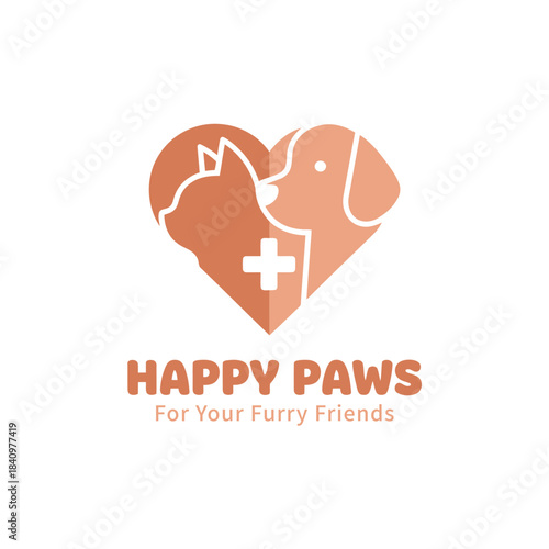 Veterinary Clinic or Pet Shop Logo with Dog and Cat Silhouettes in a Heart Shape and Medical Cross