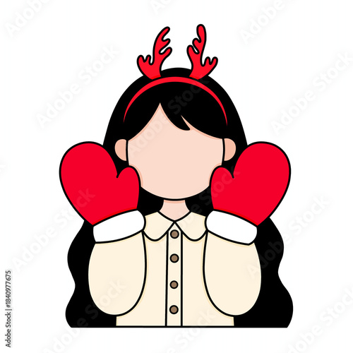 Chibi art illustration of a Korean K-pop idol. A female K-pop idol celebrating Christmas while wearing a reindeer antler headband and red and white gloves.