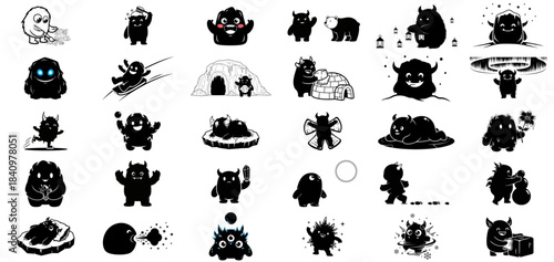 whimsical shadows, profound feelings a monochrome journey through quirky creature expressions set, isolated on transparent background