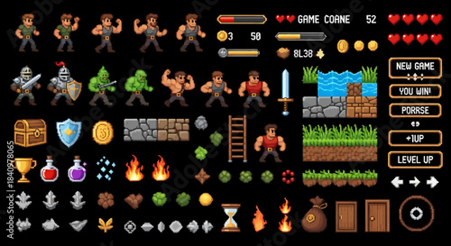 Pixel Art Game Characters and Items HUD Interface in 2D Video Game Graphic Design View