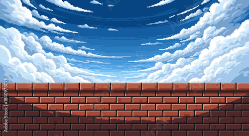Pixel art sky with clouds and brick wall, retro video game background, anime art style