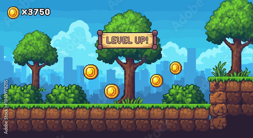 Vibrant pixel art game scene displaying a triumphant 'Level Up' message amidst collectible gold coins and urban backdrop
