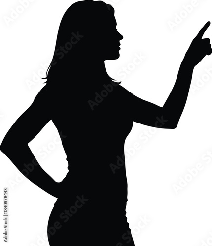 Silhouette of a woman pointing upward with one hand on hip