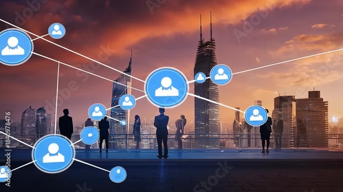 Silhouetted figures networking against a vibrant sunset skyline, symbolizing connection and collaboration