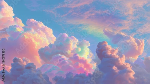 Brilliant iridescent rainbow colors illuminate fluffy clouds in a tranquil blue sky at holographic sunrise