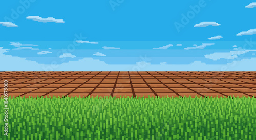 Pixelated green grass field stretching to a checkered horizon under a bright blue sky with scattered clouds