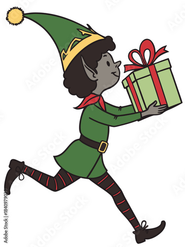 Cute Christmas Elf Carrying Stack of Gifts Cartoon Illustration