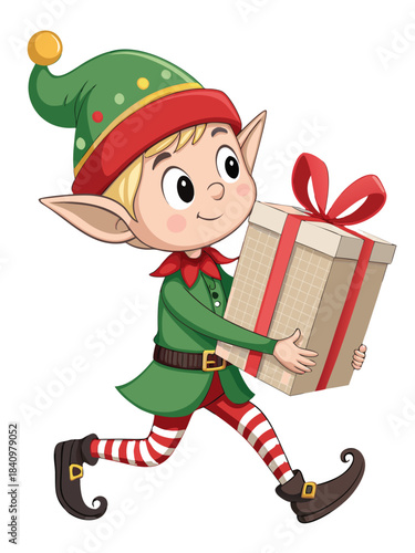 Cute Christmas Elf Carrying Stack of Gifts Cartoon Illustration