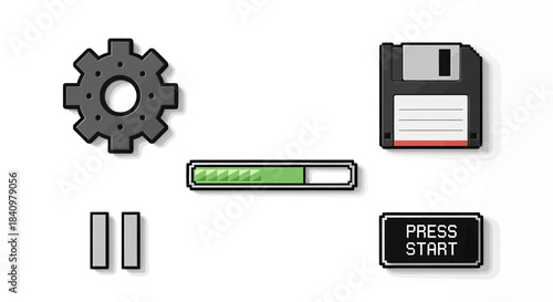 Retro pixel art game interface elements set including settings, save, progress, pause, and start buttons