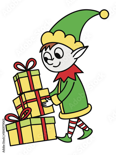 Cute Christmas Elf Carrying Stack of Gifts Cartoon Illustration