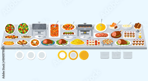 A panoramic flat illustration of a lavish buffet spread featuring a wide variety of dishes, salads, desserts, chafing dishes, and plates arranged on a long serving table.