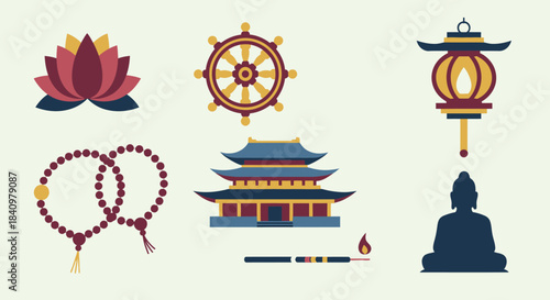 A set of flat vector icons representing Buddhist culture and spirituality, including a lotus flower, dharma wheel, lantern, prayer beads, temple, incense, and a Buddha silhouette.
