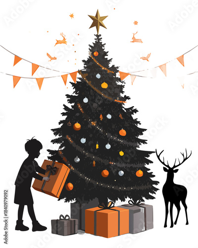 Cute Orange and Black Christmas Tree with Child Reindeer Silhouette Illustration