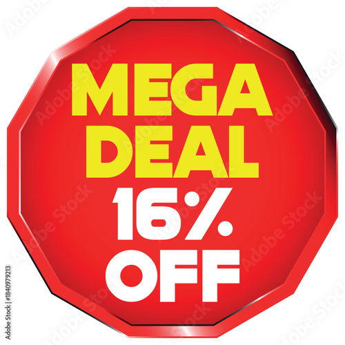 Red octagon mega deal 16 percent off sale tag discount offer