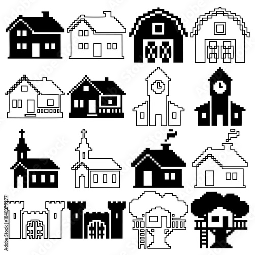 Pixel Art Building Icons Set. Retro 8-bit House, Castle, Church, and City Structures Vector Collection. Monochrome Silhouette and Outline.