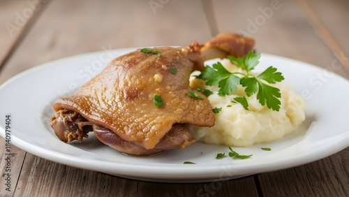 Crispy roasted duck leg with creamy mashed potatoes and fresh parsley.