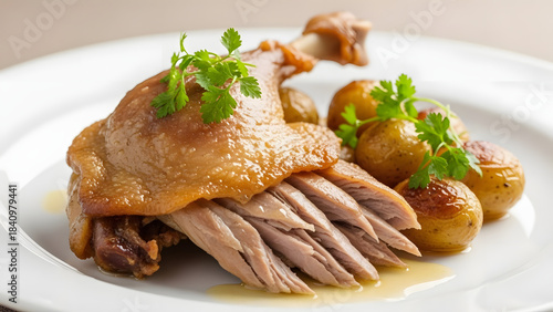 Duck Confit with Potatoes and Parsley Garnish on White Plate.
