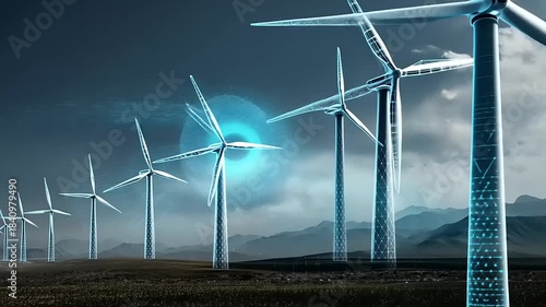 Futuristic wind turbines generating clean energy in a serene landscape with mountains in the background